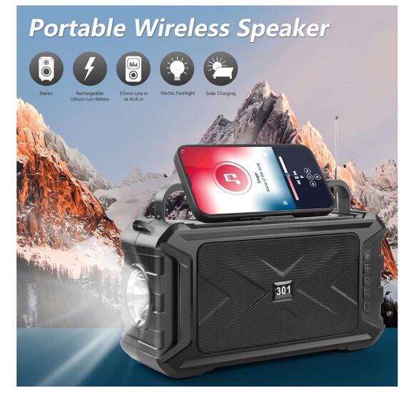 Portable Bluetooth Speaker w/Solar Charge, Wireless w/Outdoor Emerg. Flashlight - Picture 3 of 9